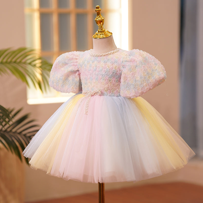 Pink Lace Tulle Flower Girl Dress | Beaded Puff Sleeves