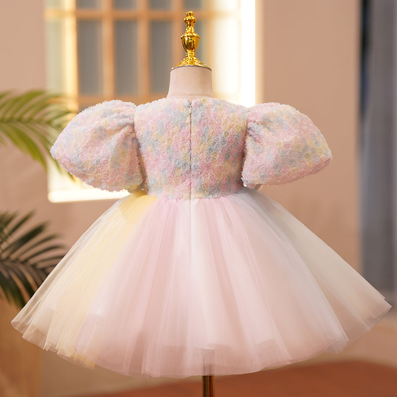 Pink Lace Tulle Flower Girl Dress | Beaded Puff Sleeves