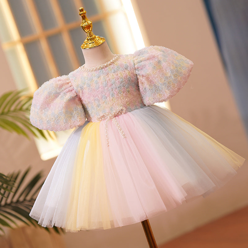 Pink Lace Tulle Flower Girl Dress | Beaded Puff Sleeves