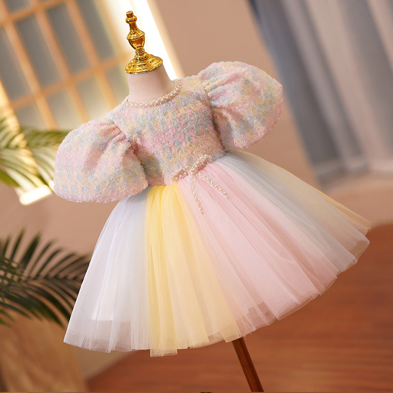 Pink Lace Tulle Flower Girl Dress | Beaded Puff Sleeves