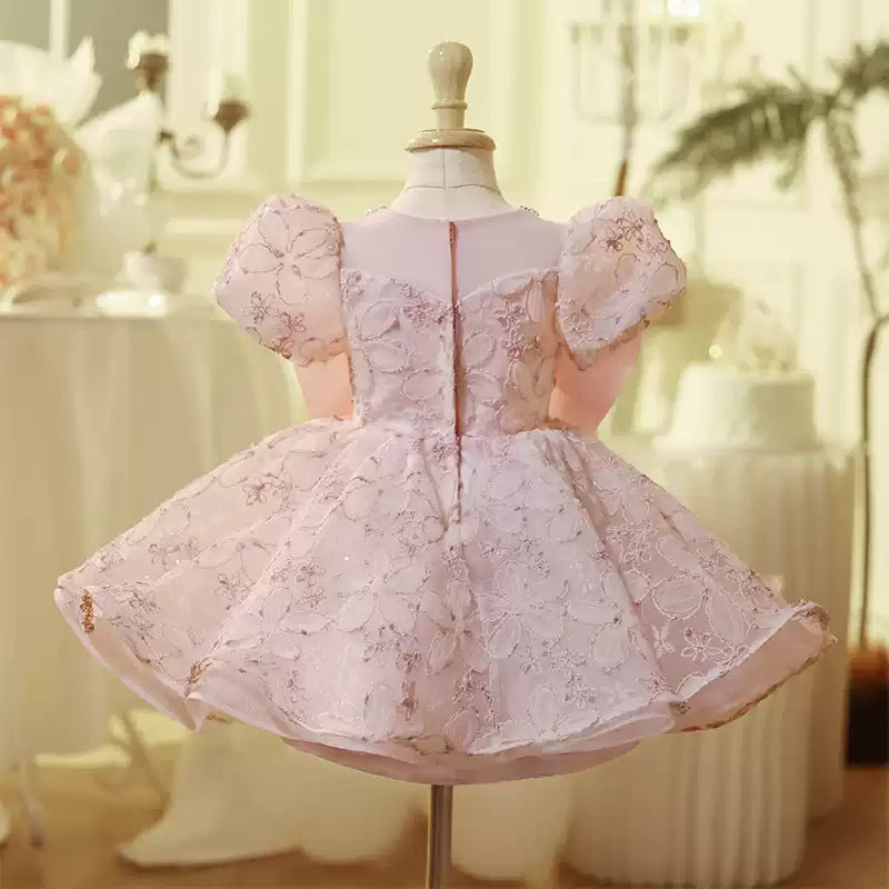 Pink Lace Tulle Flower Girl Dress with Bow & Puff Sleeves