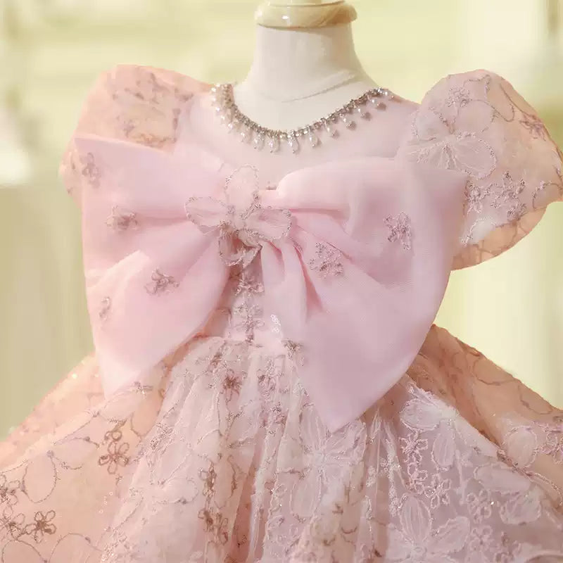 Pink Lace Tulle Flower Girl Dress with Bow & Puff Sleeves