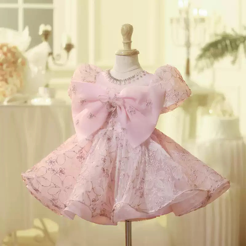 Pink Lace Tulle Flower Girl Dress with Bow & Puff Sleeves