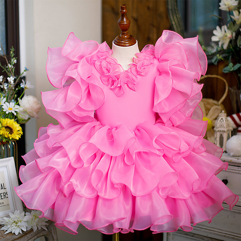 Pink Organza A-Line Flower Girl Dress - Bell Sleeves