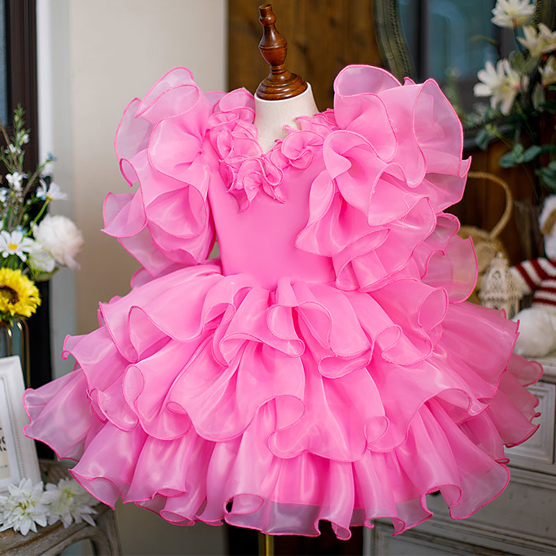Pink Organza A-Line Flower Girl Dress - Bell Sleeves