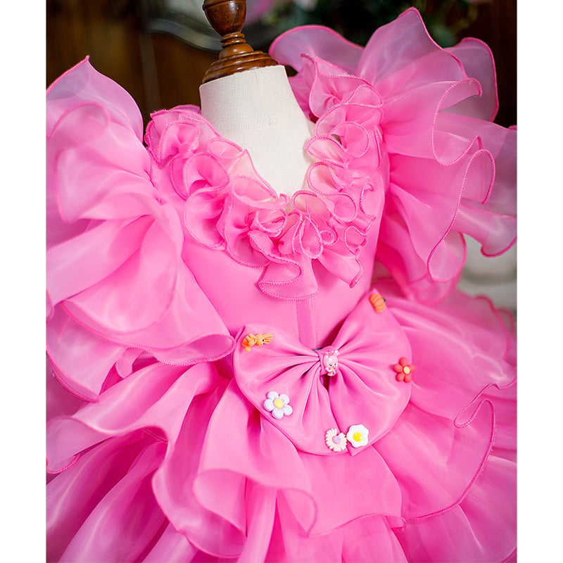 Pink Organza A-Line Flower Girl Dress - Bell Sleeves