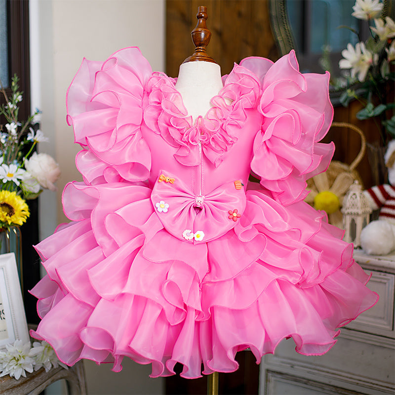 Pink Organza A-Line Flower Girl Dress - Bell Sleeves