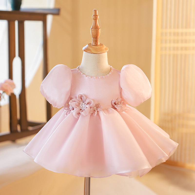 Pink Organza A-Line Flower Girl Dress with Floral Bows