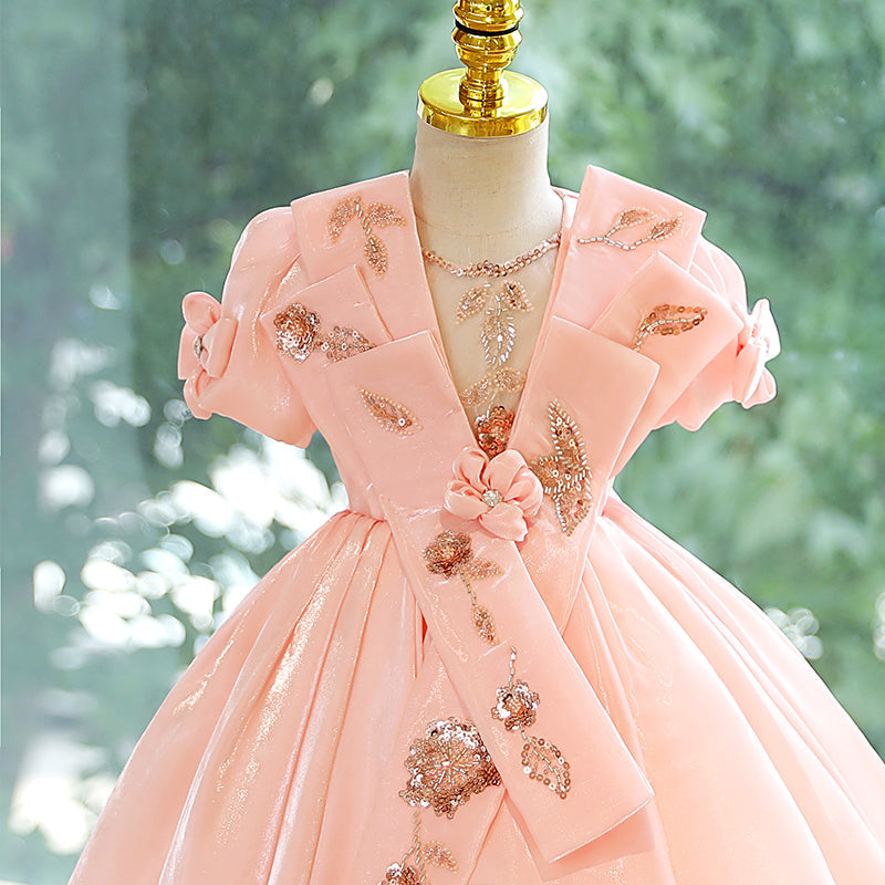 Pink Organza A-Line Flower Girl Dress with Floral Lace