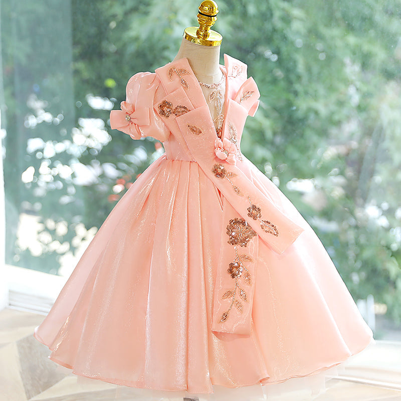 Pink Organza A-Line Flower Girl Dress with Floral Lace