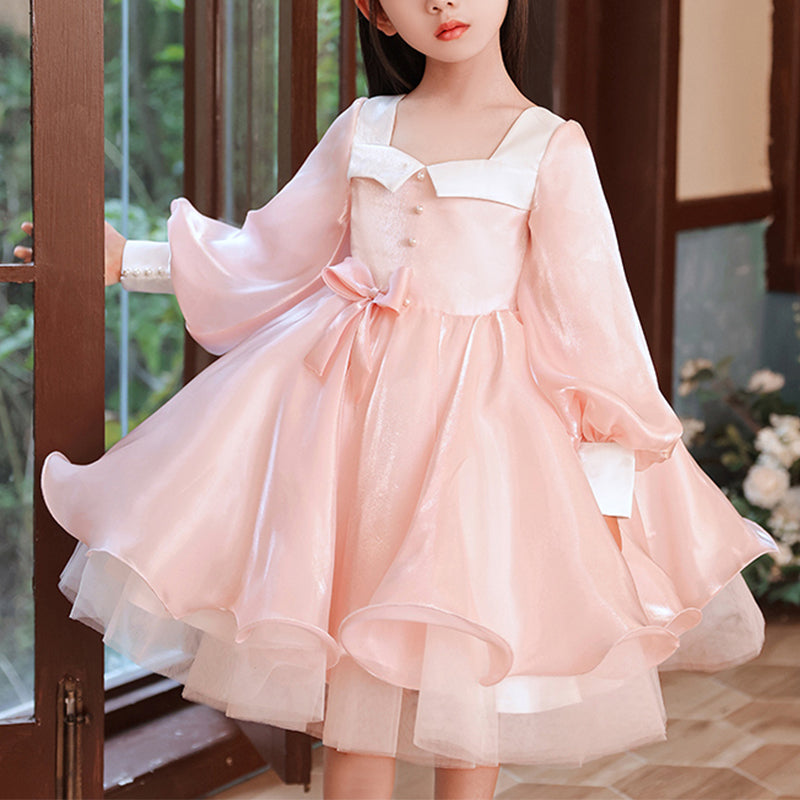 Pink Organza A-Line Flower Girl Dress with Lantern Sleeves