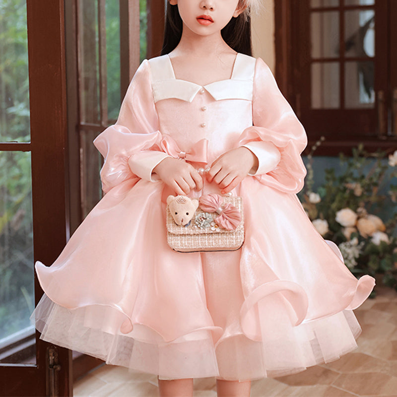 Pink Organza A-Line Flower Girl Dress with Lantern Sleeves