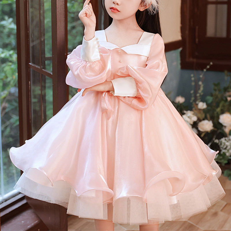 Pink Organza A-Line Flower Girl Dress with Lantern Sleeves