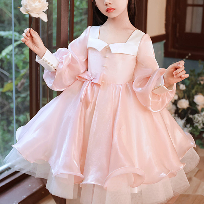 Pink Organza A-Line Flower Girl Dress with Lantern Sleeves