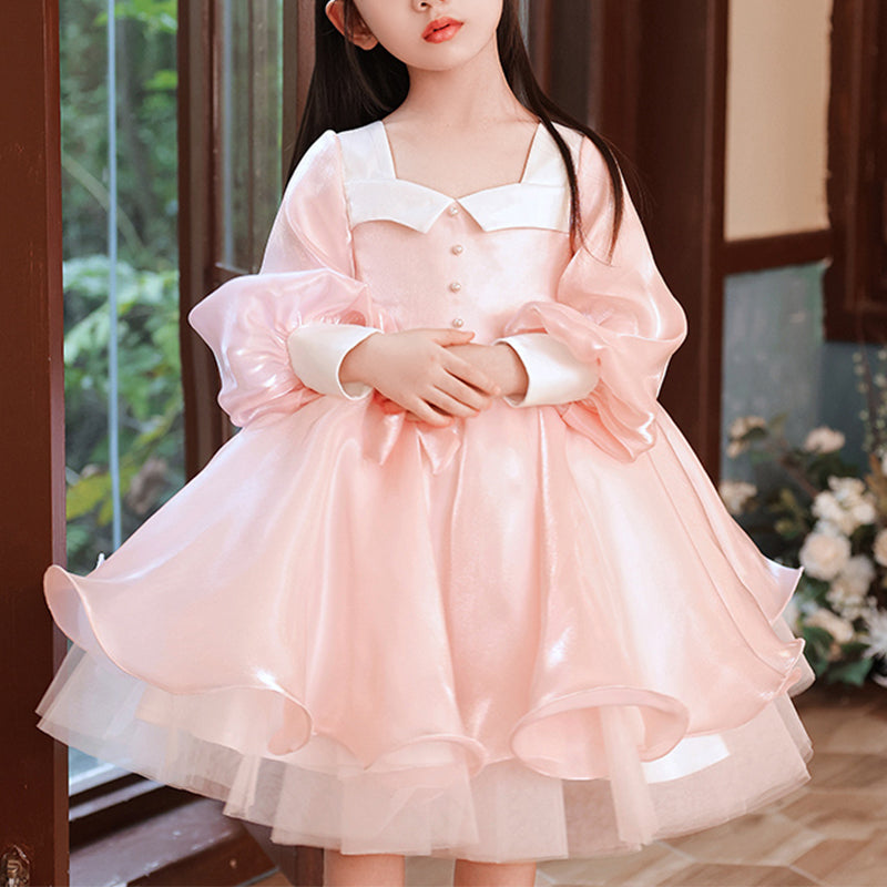 Pink Organza A-Line Flower Girl Dress with Lantern Sleeves