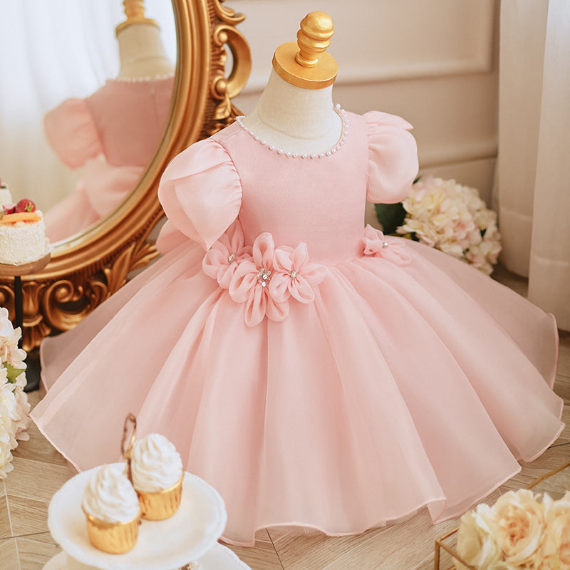 Pink Organza Princess Dress for Girls with Fabric Flowers & Bow – Special Occasion, Party, Flower Girl