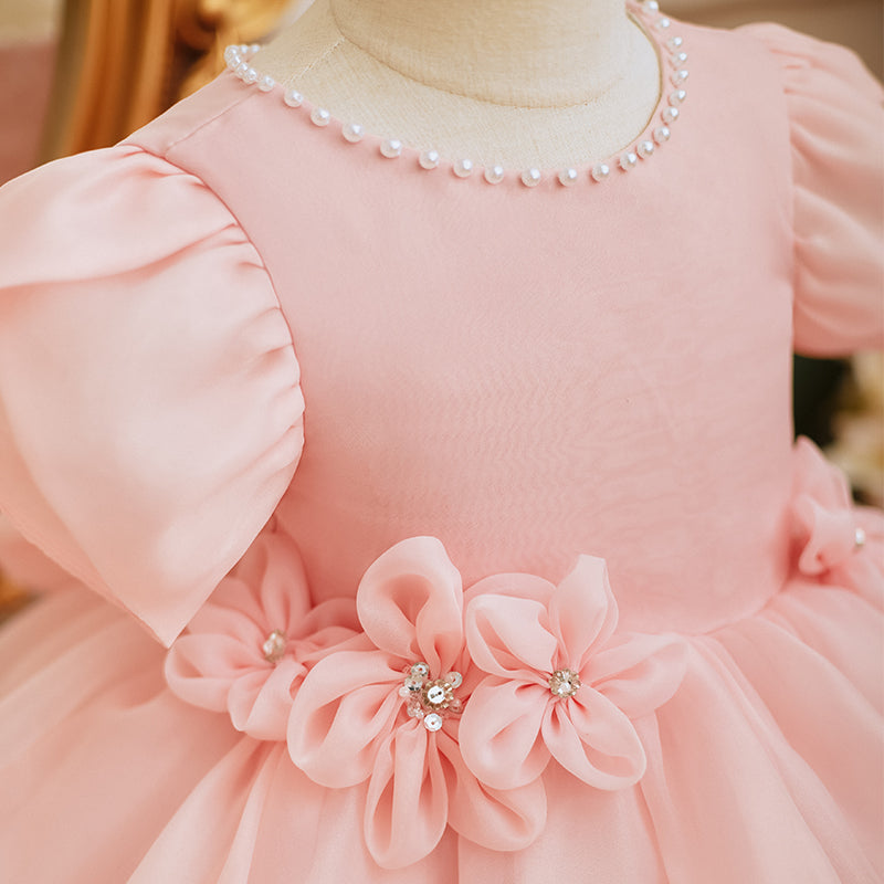 Pink Organza Princess Dress for Girls with Fabric Flowers & Bow – Special Occasion, Party, Flower Girl