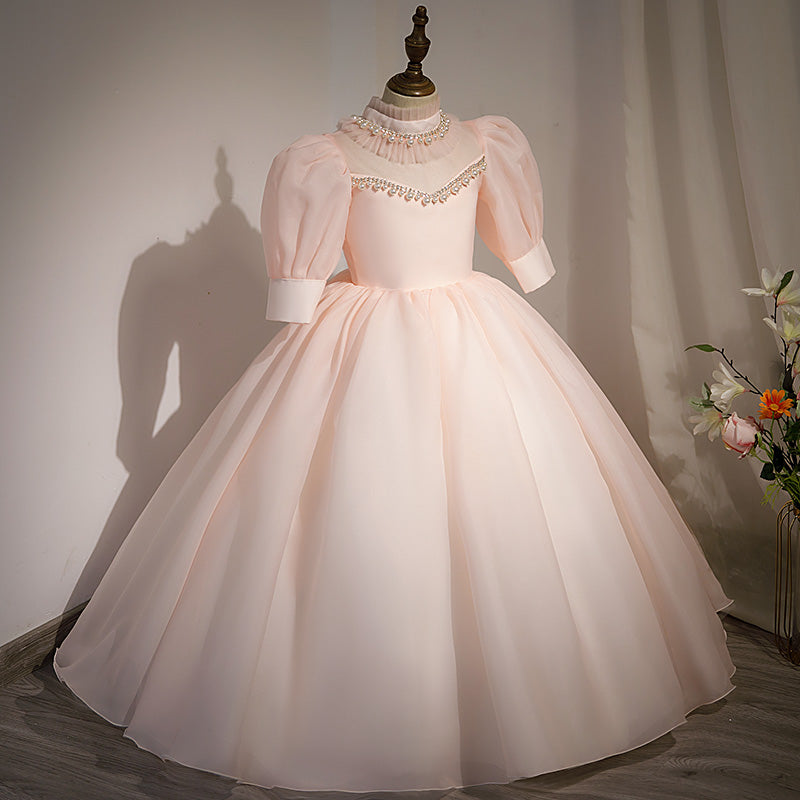Pink Organza Princess Flower Girl Dress Beaded Mock Neck