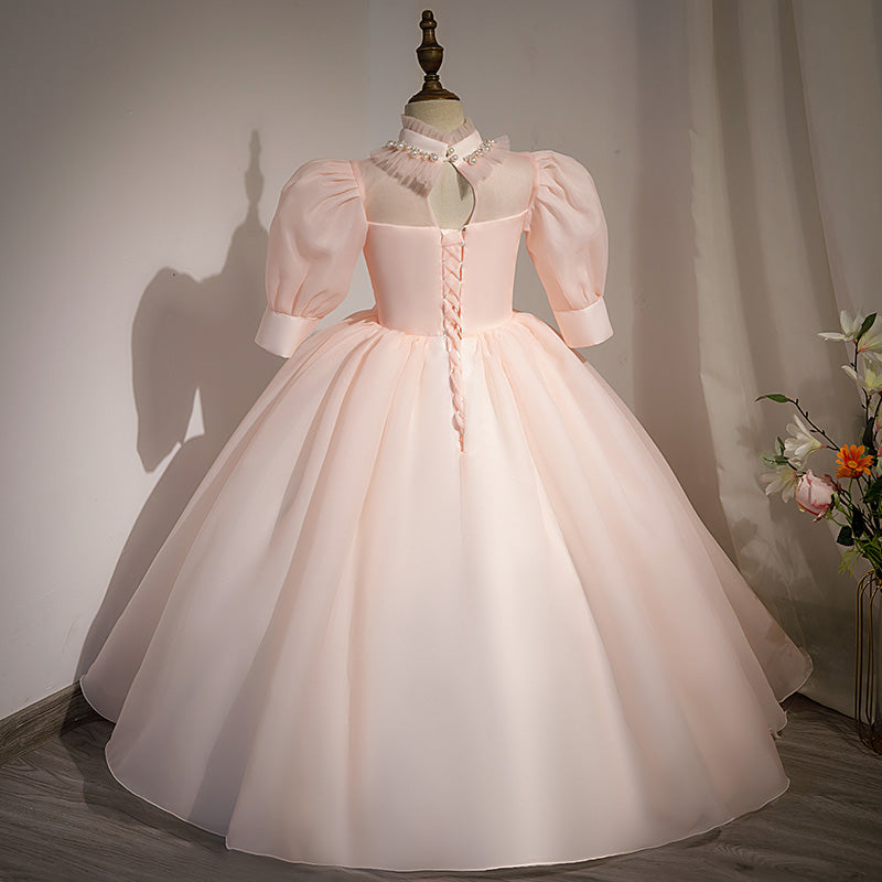 Pink Organza Princess Flower Girl Dress Beaded Mock Neck