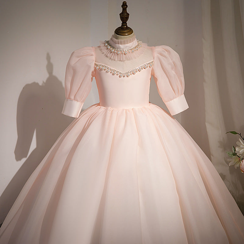 Pink Organza Princess Flower Girl Dress Beaded Mock Neck