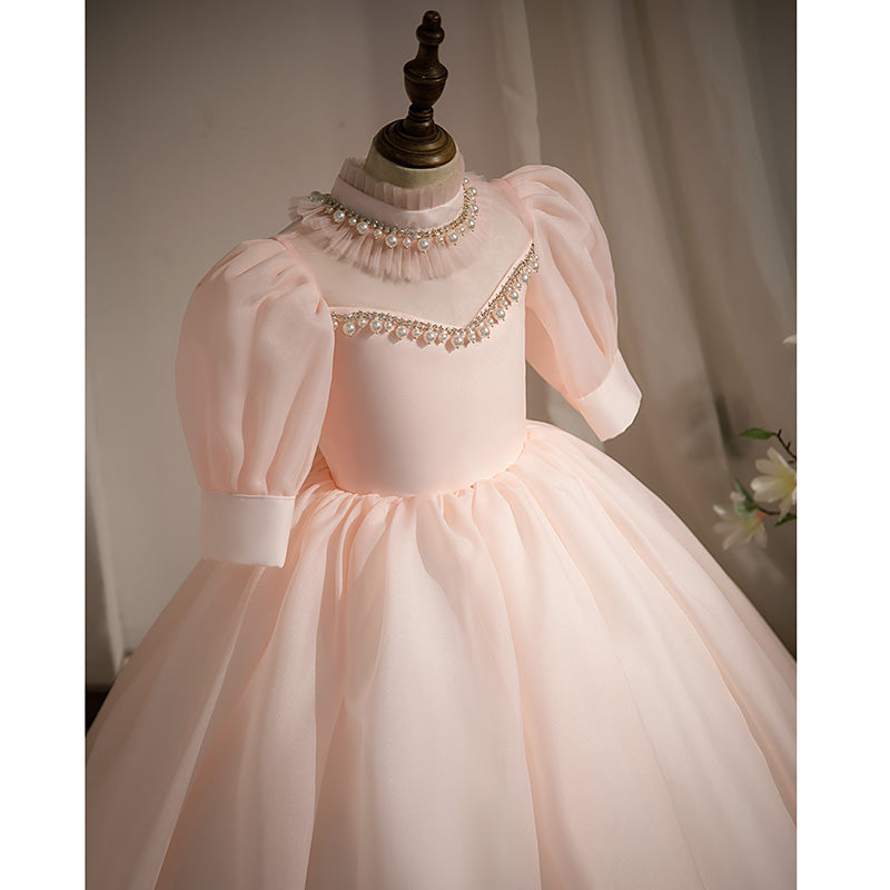 Pink Organza Princess Flower Girl Dress Beaded Mock Neck