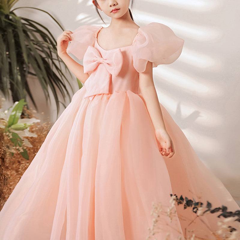 Pink Organza Princess Flower Girl Dress: Puff Sleeves Bow