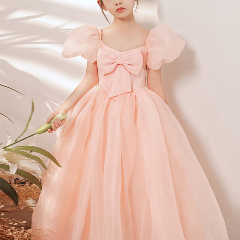 Pink Organza Princess Flower Girl Dress: Puff Sleeves Bow