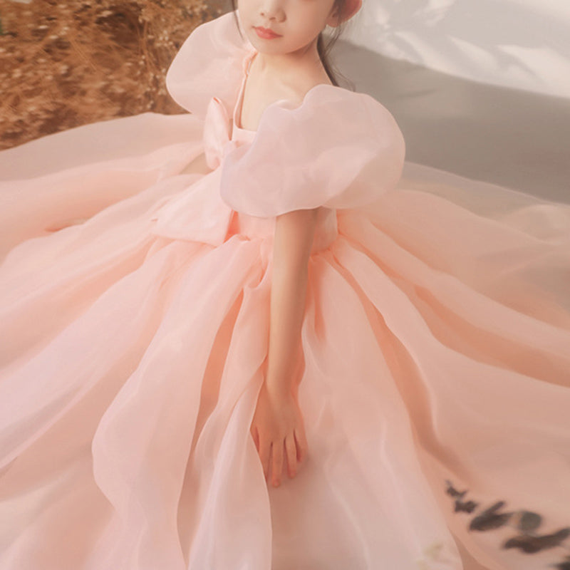 Pink Organza Princess Flower Girl Dress: Puff Sleeves Bow