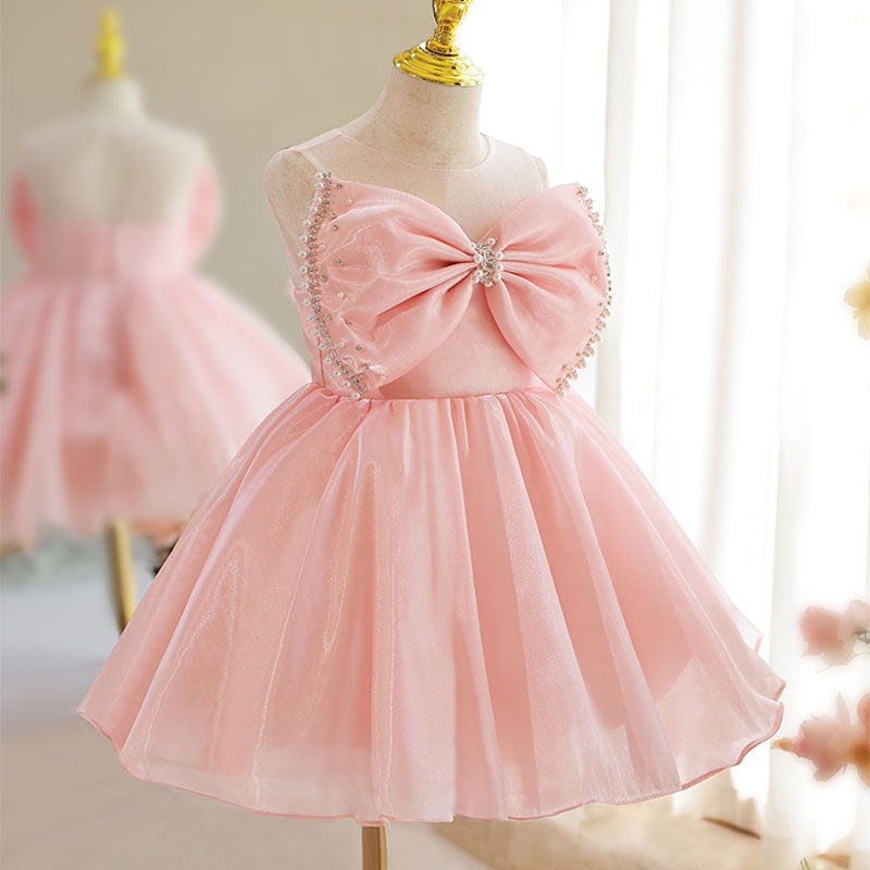 Pink Polyester A-Line Flower Girl Dress Beaded Bow Sleeveless