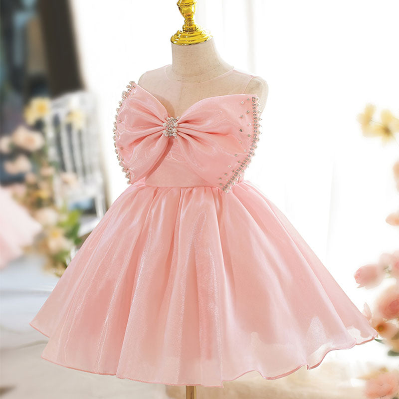 Pink Polyester A-Line Flower Girl Dress Beaded Bow Sleeveless