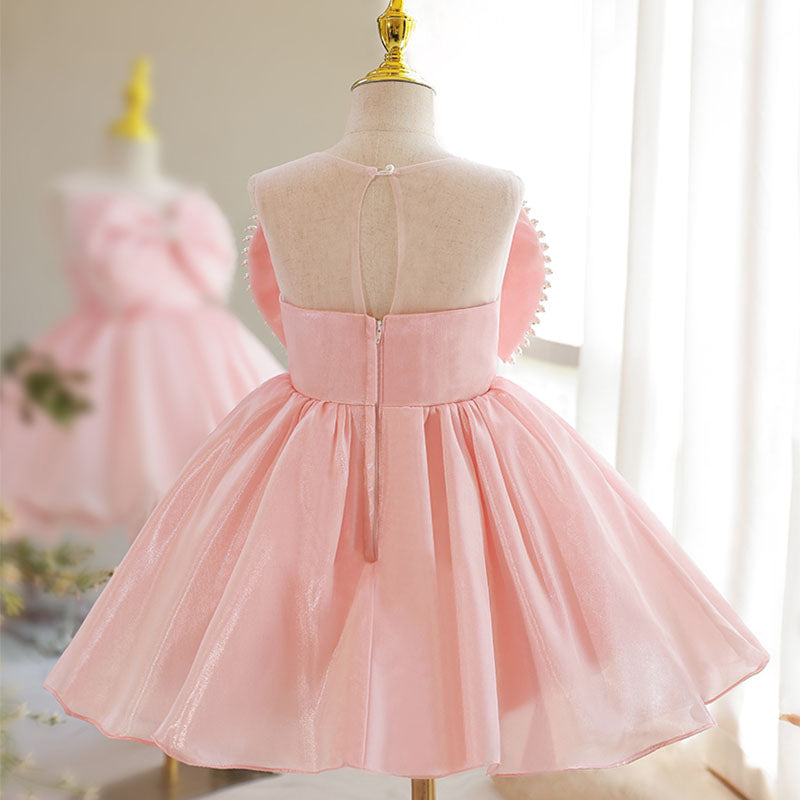 Pink Polyester A-Line Flower Girl Dress Beaded Bow Sleeveless