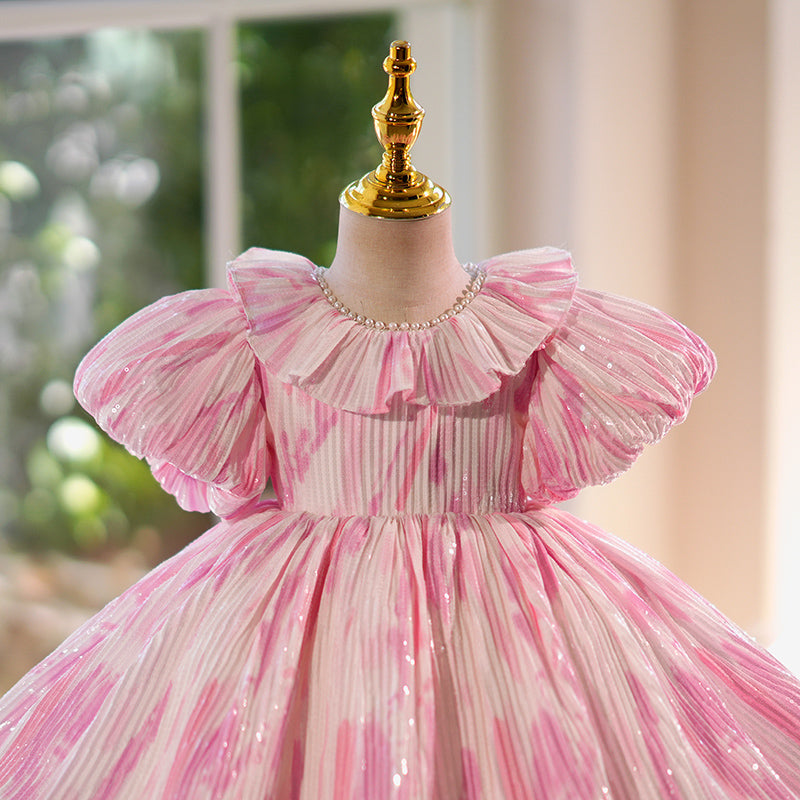 Pink Princess Flower Girl Dress Puff Sleeve Short Dress