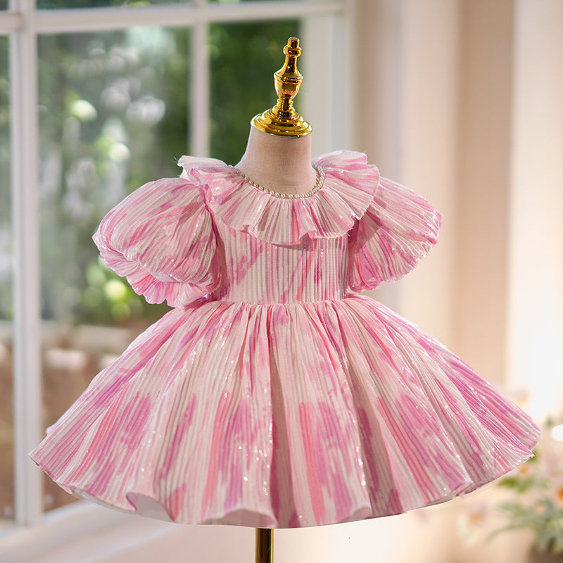 Pink Princess Flower Girl Dress Puff Sleeve Short Dress