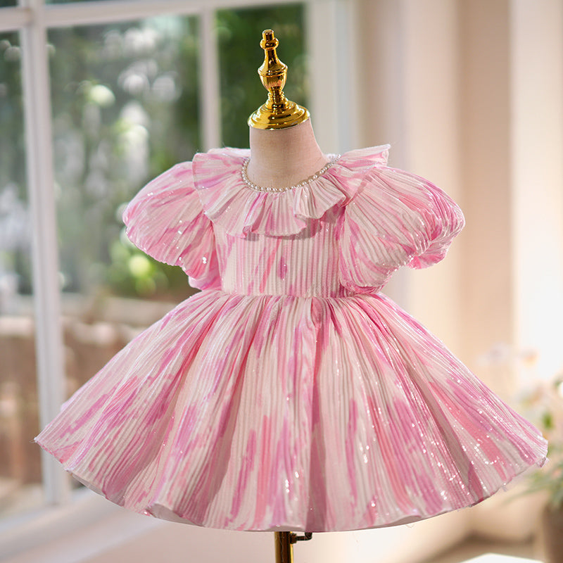 Pink Princess Flower Girl Dress Puff Sleeve Short Dress