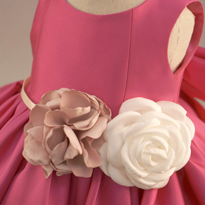 Pink Princess Flower Girl Dress with Flowers and Bow Back