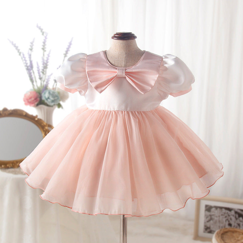 Pink Princess Flower Girl Dress with Organza Puff Sleeves