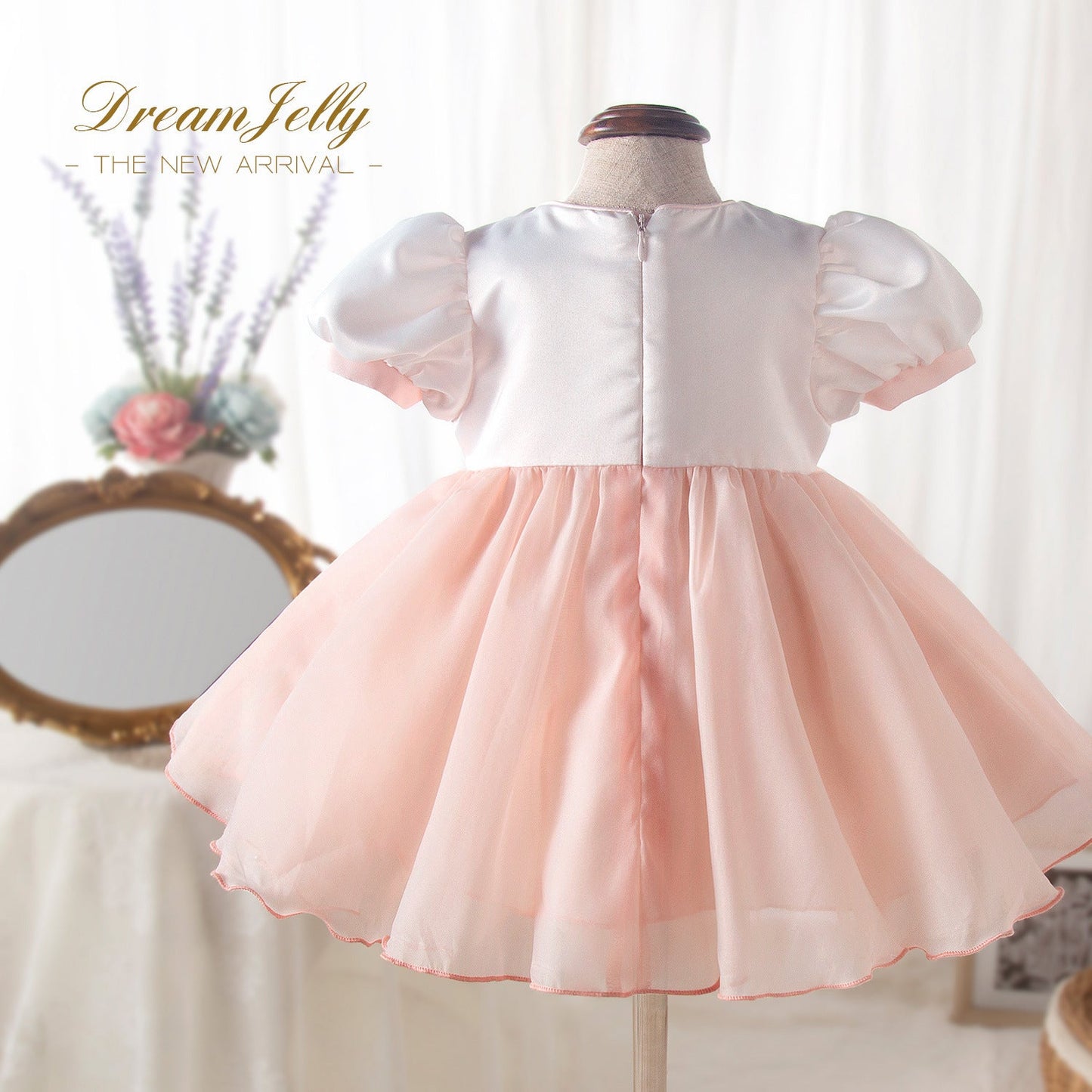 Pink Princess Flower Girl Dress with Organza Puff Sleeves