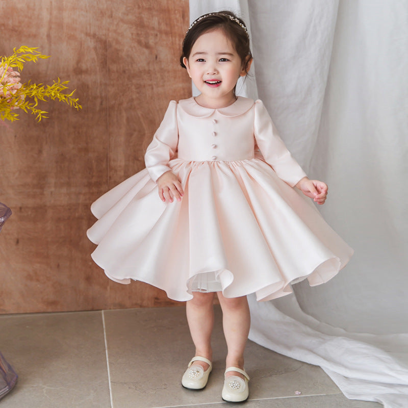 Pink Princess Knee-Length Flower Girl Dress with Collar