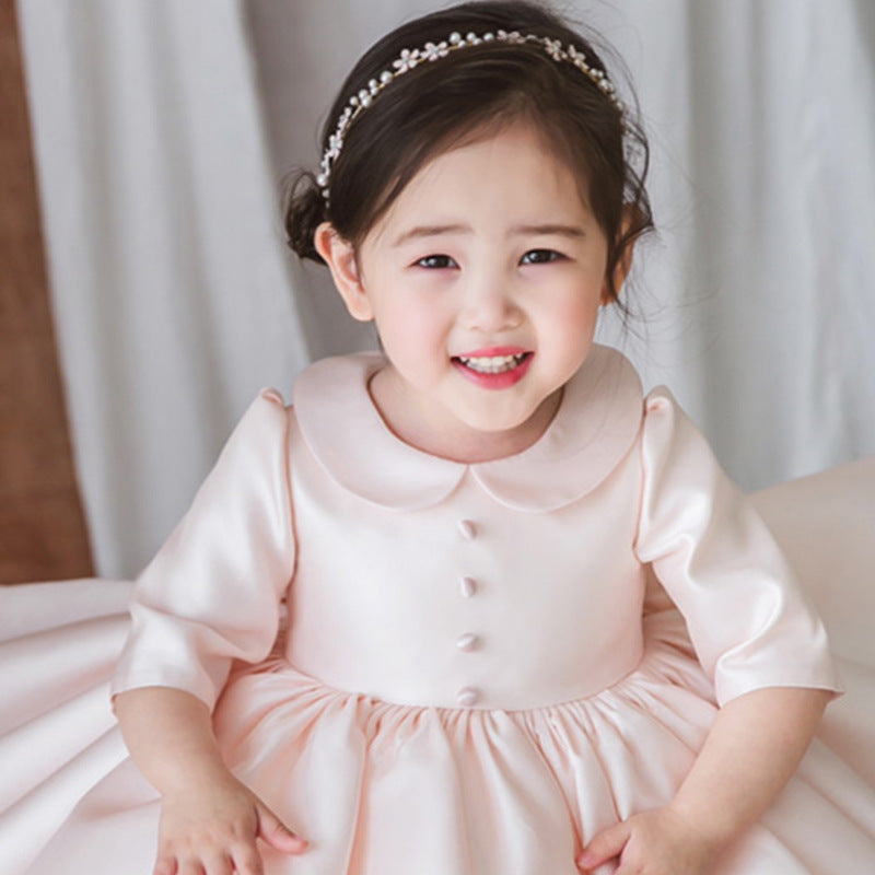 Pink Princess Knee-Length Flower Girl Dress with Collar