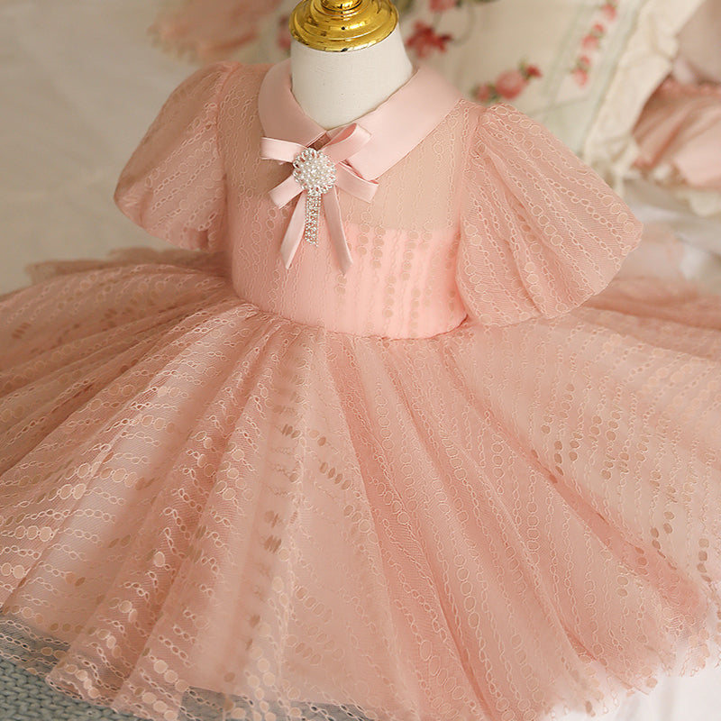Pink Princess Lace Flower Girl Dress with Puff Sleeves