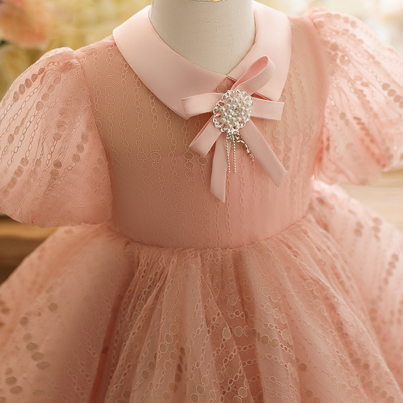 Pink Princess Lace Flower Girl Dress with Puff Sleeves