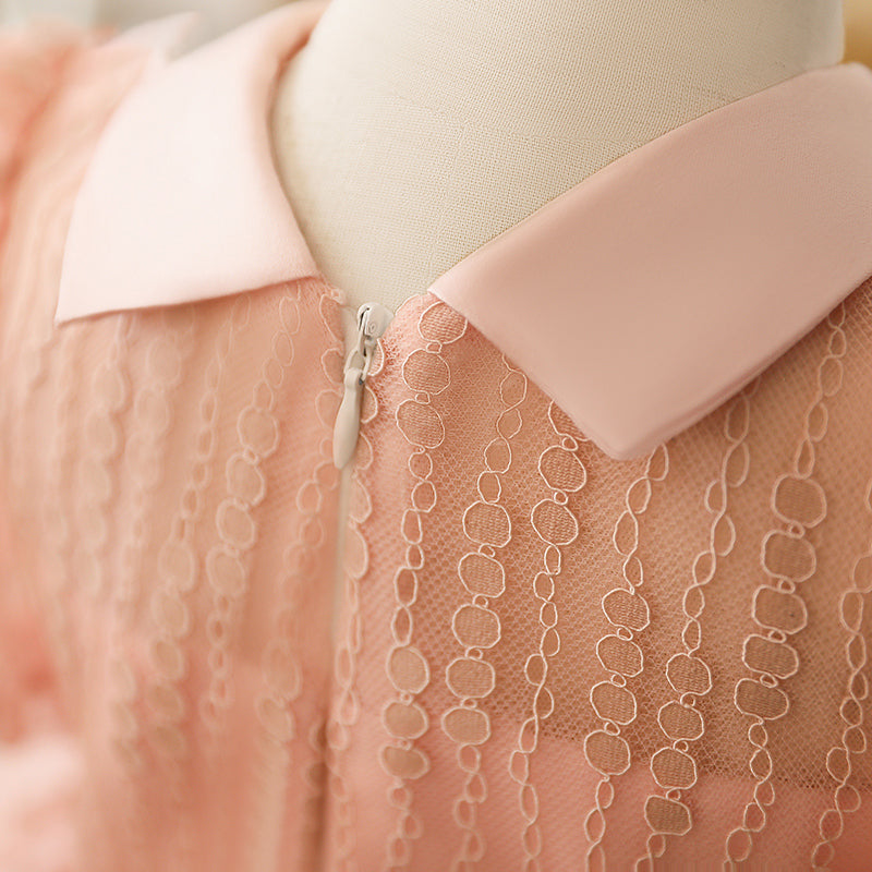 Pink Princess Lace Flower Girl Dress with Puff Sleeves