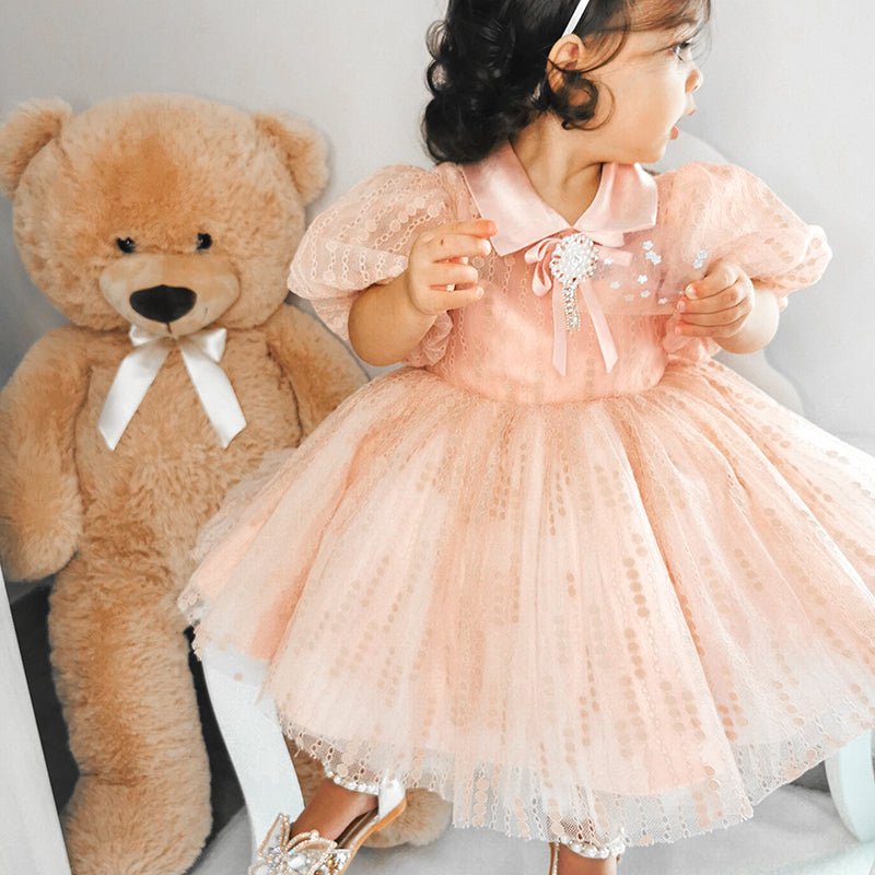 Pink Princess Lace Flower Girl Dress with Puff Sleeves
