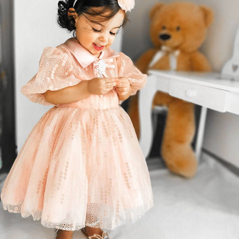 Pink Princess Lace Flower Girl Dress with Puff Sleeves