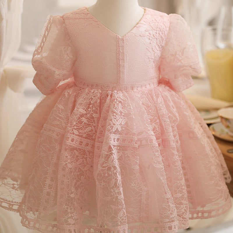 Pink Princess Lace Flower Girl Dress with V-Neck and Lantern Sleeves