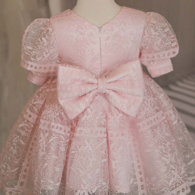 Pink Princess Lace Flower Girl Dress with V-Neck and Lantern Sleeves