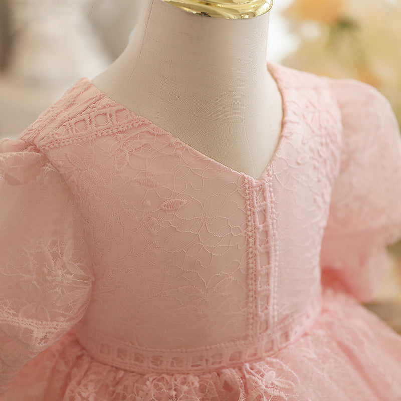 Pink Princess Lace Flower Girl Dress with V-Neck and Lantern Sleeves