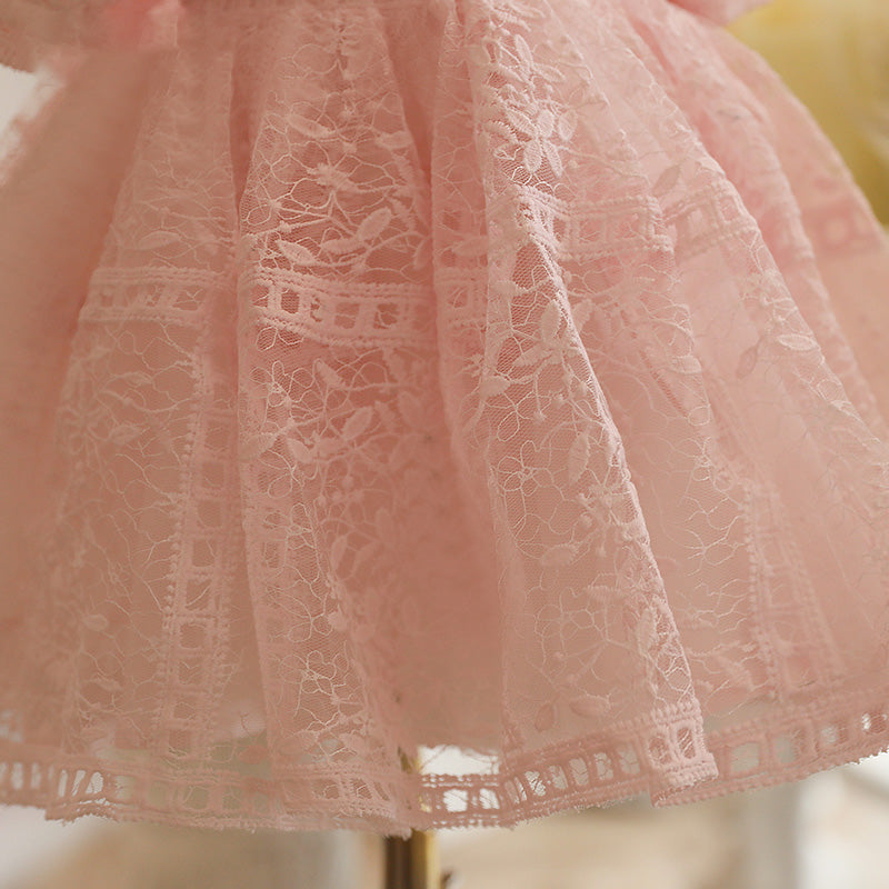 Pink Princess Lace Flower Girl Dress with V-Neck and Lantern Sleeves