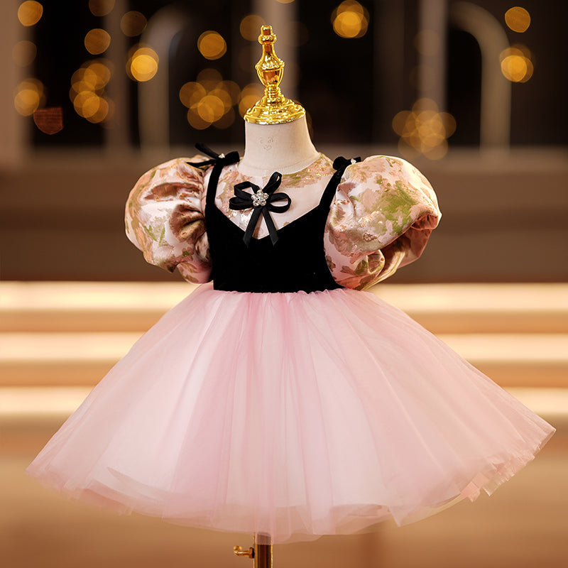 Pink Princess Satin & Tulle Flower Girl Dress - Puff Sleeves
