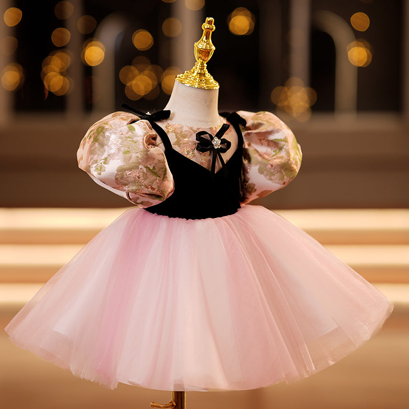 Pink Princess Satin & Tulle Flower Girl Dress - Puff Sleeves